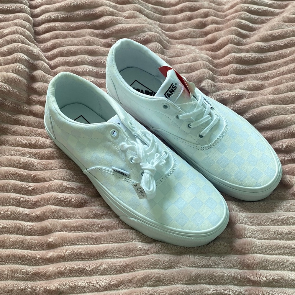 White on white checkered Vans with tags